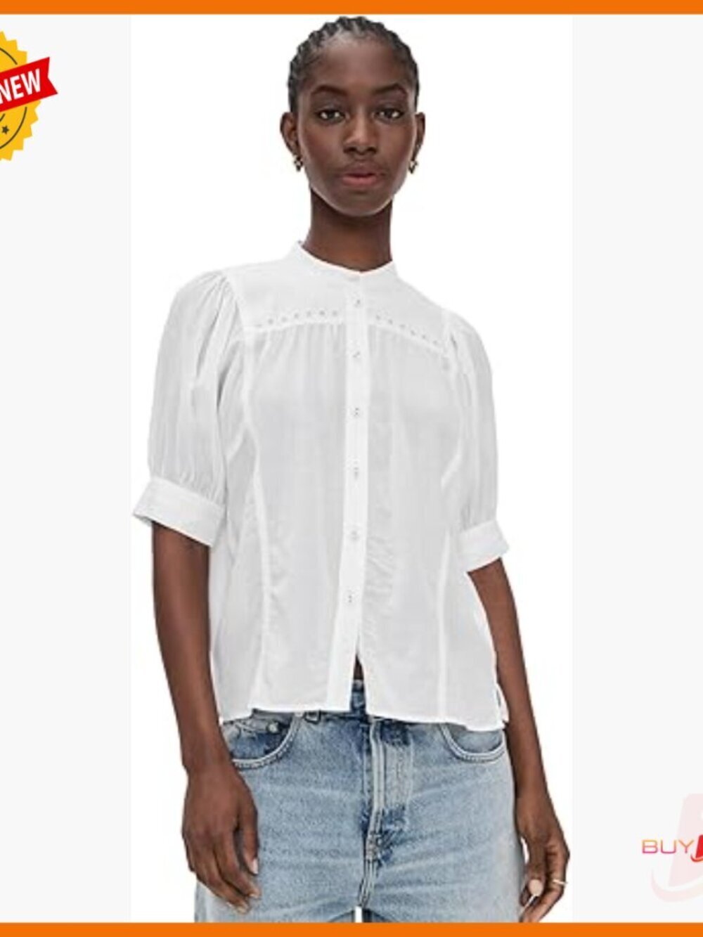 Embroidered Puff-Sleeve Band-Collar Blouse Lightweight Voile Button-Down